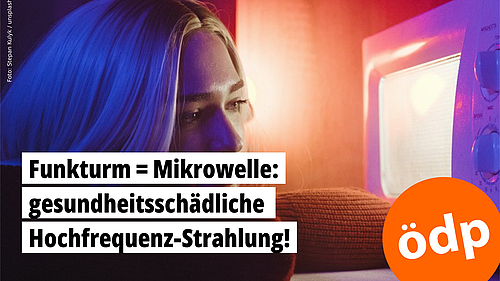 Eine Frau schaut in ein eingeschaltetes Mikorwellengerät
